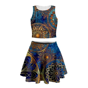 

3d Print women geometric Retro tank top with short skirt high quality Bohemia abstract Short Skirt Cheerlead Dancing suits-20