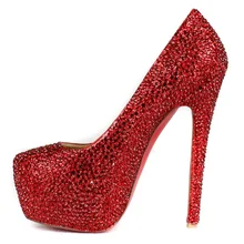 Для женщин высокое уличный стиль тонкие 16 см высокий каблук круглый носок пикантные тонкие туфли насосы женский красный алмаз мелкая обувь свадебные туфли