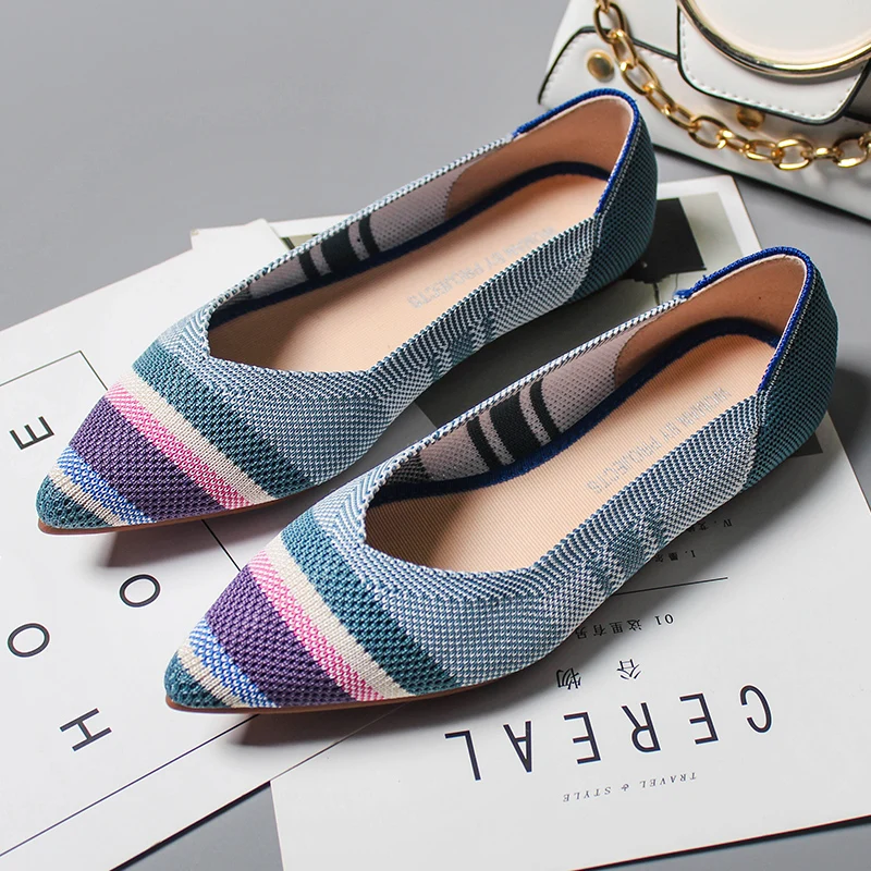 

Womens Ballet Flats Knitted Casual Pointed Toe Shallow Mouth Step-in Breathable Multi-colors Slip On Loafers Shoes A177
