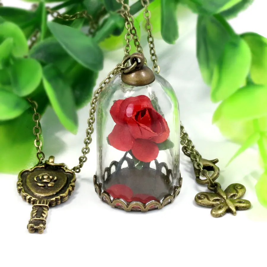 

NingXiang Beauty and the Beast Natural Red Rose Flower Necklace Glass Bottle Retro Pendant Little Prince Rose Necklace For Girls