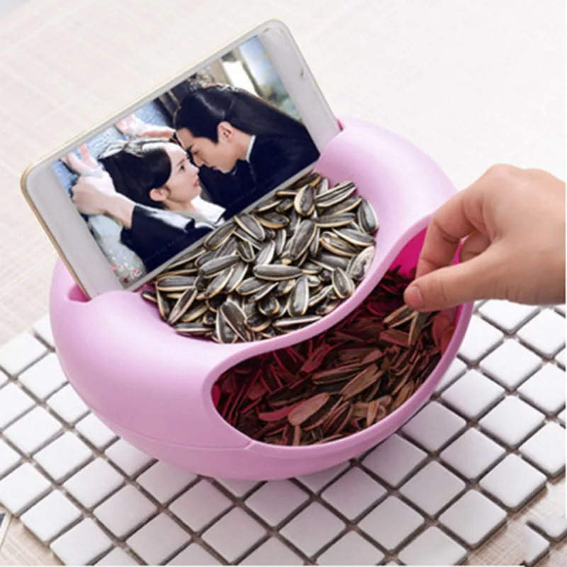 

Creative Shape Lazy Snack Bowl Plastic Double Layers Snack Storage Box Bowl Fruit Plate Bowl With Phone Holder For TV