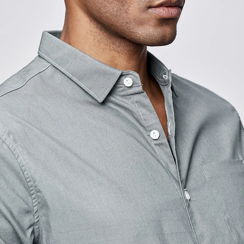 KUEGOU летняя хлопковая однотонная серая белая рубашка мужская повседневная приталенная уличная одежда с коротким рукавом для Блузы Мужская мода 8816