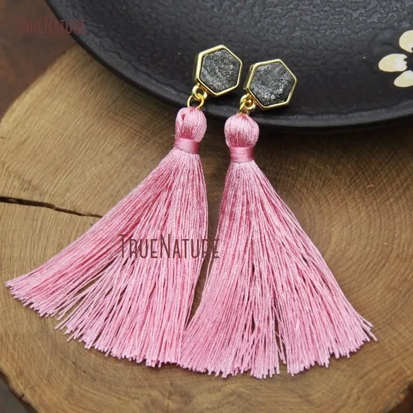 20171219-ER9225- Hexagon Druzzy Pure Gold Color Plastal Pink Silk Tassel  Studs Earrings_2