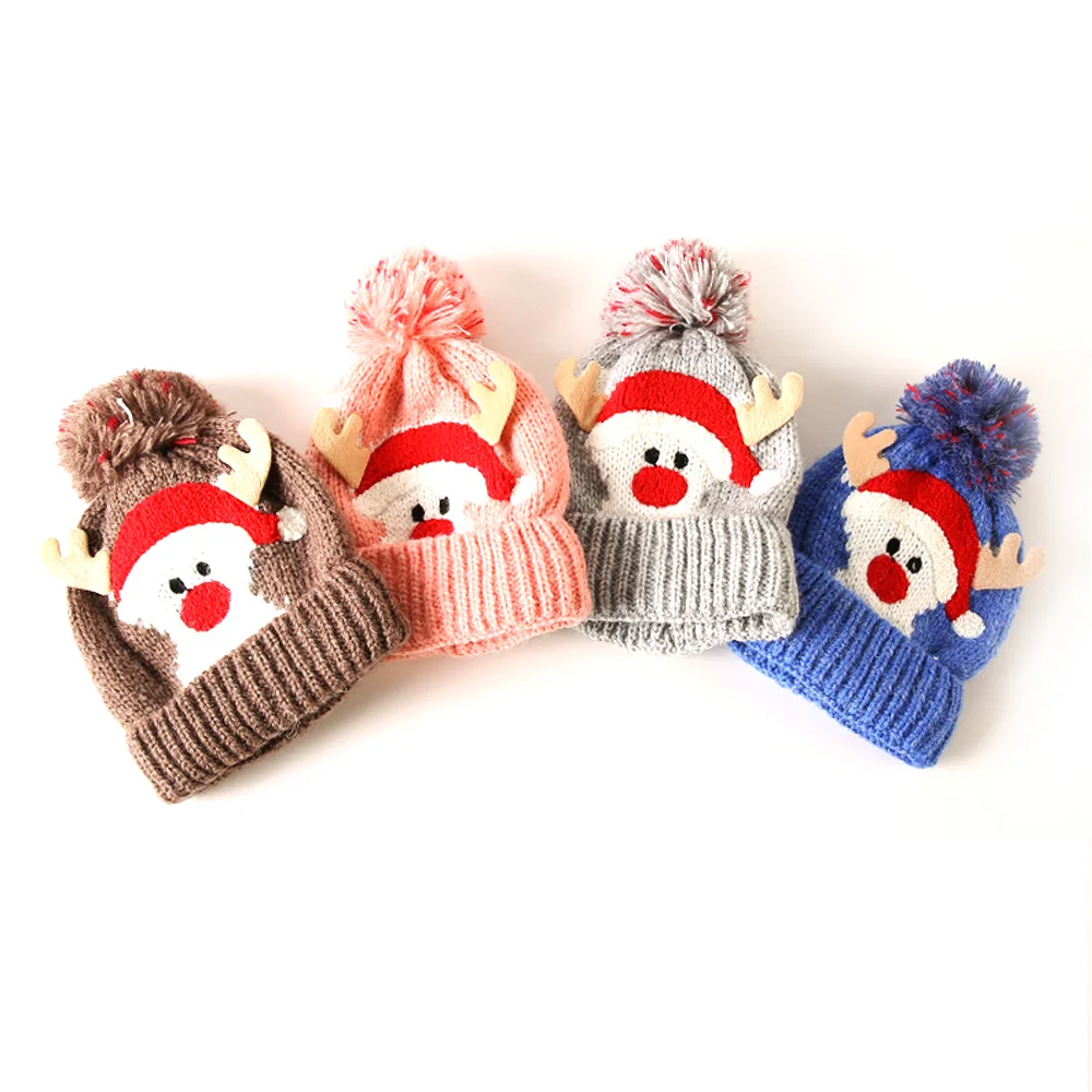 

1Pcs Winter Kids Warm Cap Hats Santa Claus Knitted Ball Beanie for Autumn Winter Velvet Lining