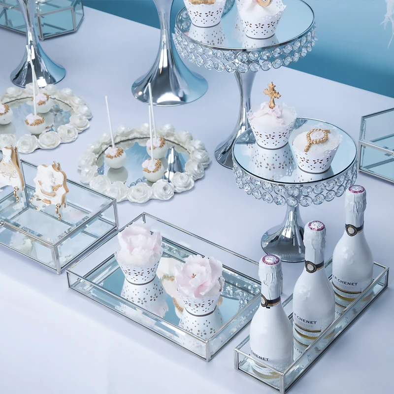 13-17 шт серебряного цвета для свадебного десертного стола, свадебные украшения, подставка для торта, набор подноса, зеркальный поднос