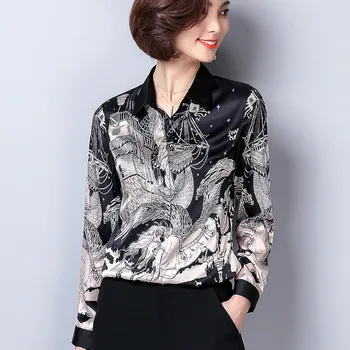 

2020 Spring Long Sleeve Turn Down Collar Print Satin Shirts Women European Print Satin Blouses Lady Work Wear OL Satin Tops