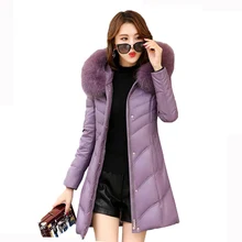 Winter Leather Down Jacket Women Mid Long Sheepskin Parkas New High Quality Fox Fur Collar Hooded Female Outerwear Coats FC01 цена Winter Leather Down Jacket Women Mid Long Sheepskin Parkas New High Quality Fox Fur Collar Hooded Female Outerwear Coats FC01 цены онлайн