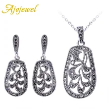 Ajojewel marca de moda joyería de la vendimia establece plateado retro negro cz sistema de la joyería con los pendientes del collar 2016