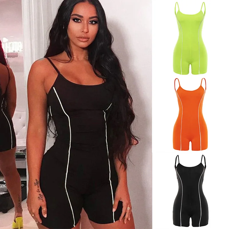 

Summer Neon color Reflective playsuit 2019 fashion Basic black Elastic casual ladies bodysuit Jogging suit sleeveless Sportswear