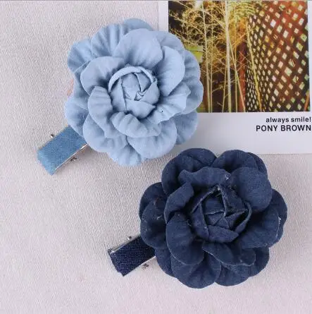 2017 New Headwear Jean camelliae Flower Hairpins Handmade Blue Denim Hair Clips Hairgrips Girls Women Barrettes Hair Accessories boutonniere and wrist corsag blue simulated flower wedding studio photo headwear bride and groom wreath 409