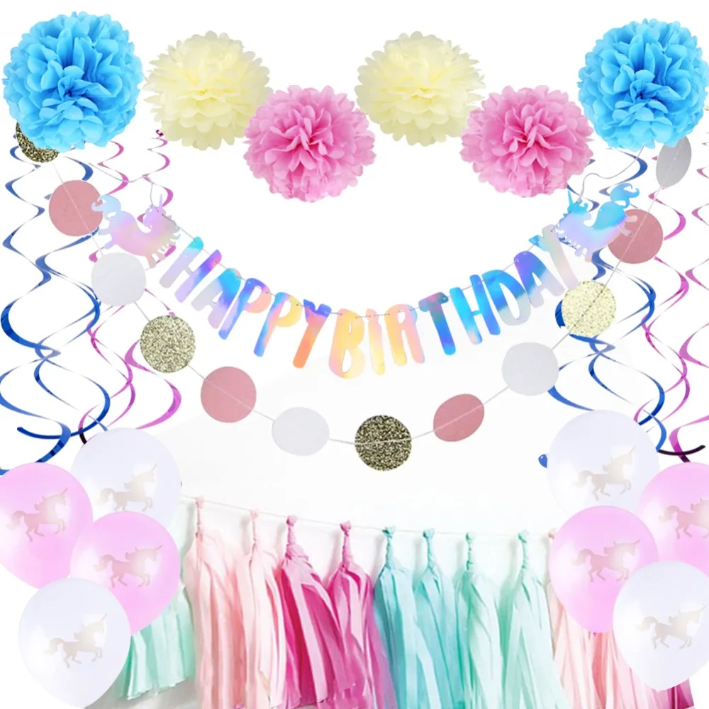 Us 13 4 14 Off Unicorn Birthday Party Supplies Happy Birthday Banner Unicorn Balloons Ceiling Swirl Decor Tassel Garland Rainbow Party Favor In
