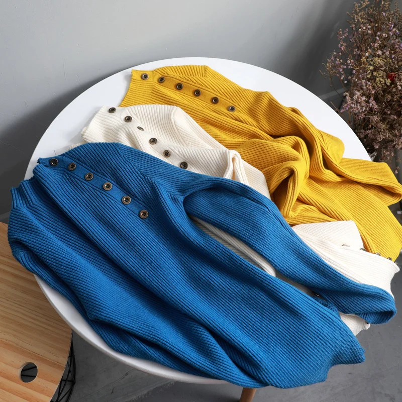 

casual high-neck basic autumn winter Sweater Women Solid button Knit sweater Pullovers long Sleeve Soft female Jumper top