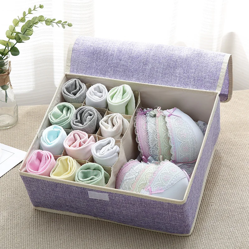 Cotton linen underwear receipt box multi-lattice foldable bra finishing with covered socks storage box underwear organizer - Цвет: Фиолетовый