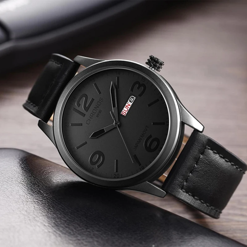 Мужские часы Chronos роскошные брендовые кварцевые наручные с кожаным ремешком