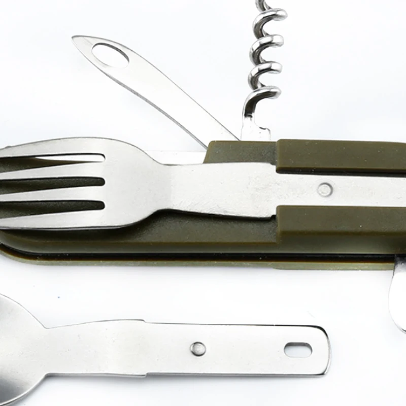 7 En 1 vajilla tenedor cuchara cuchillo vino sacacorchos abrelatas de botella cubiertos de herramientas de cocina