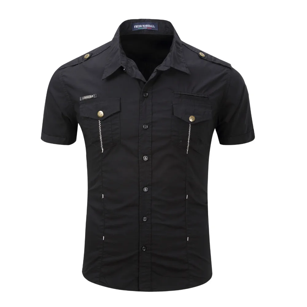 Domple Mens Multi-Pockets Summer Solid Color Plus Size Half Sleeve Cargo Shirt