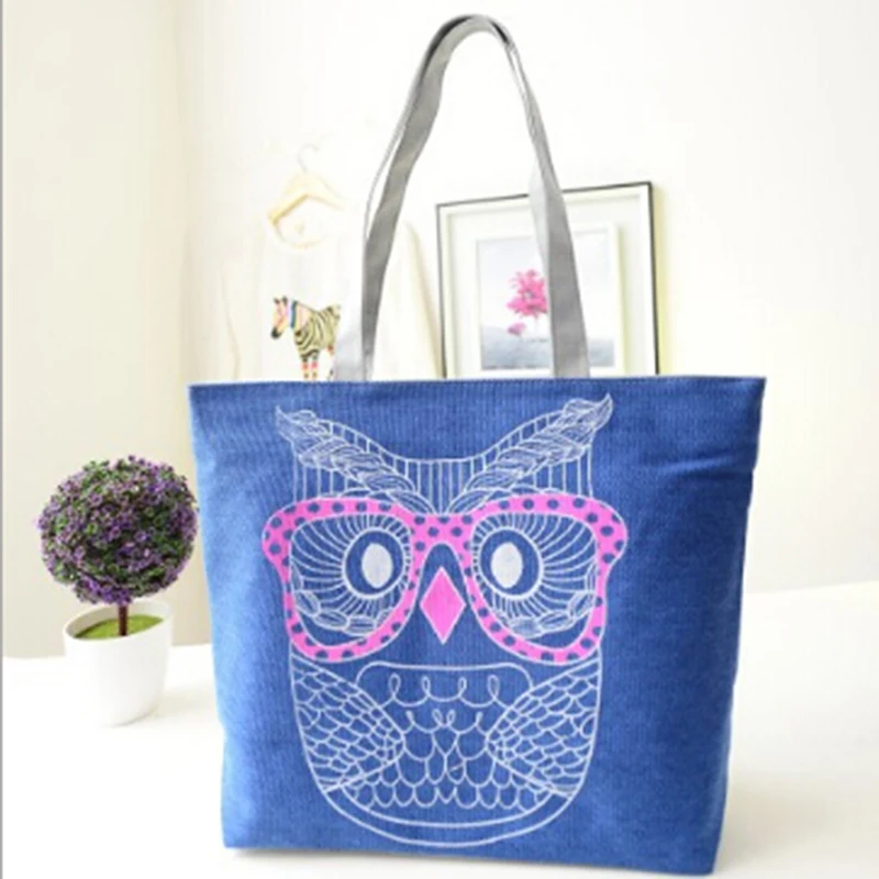 

Women Canvas Handbag Cartoon Owl Printed Shoulder Bag Female Large Capacity Ladies Beach Bag Women Canvas Tote Shopping Handbags