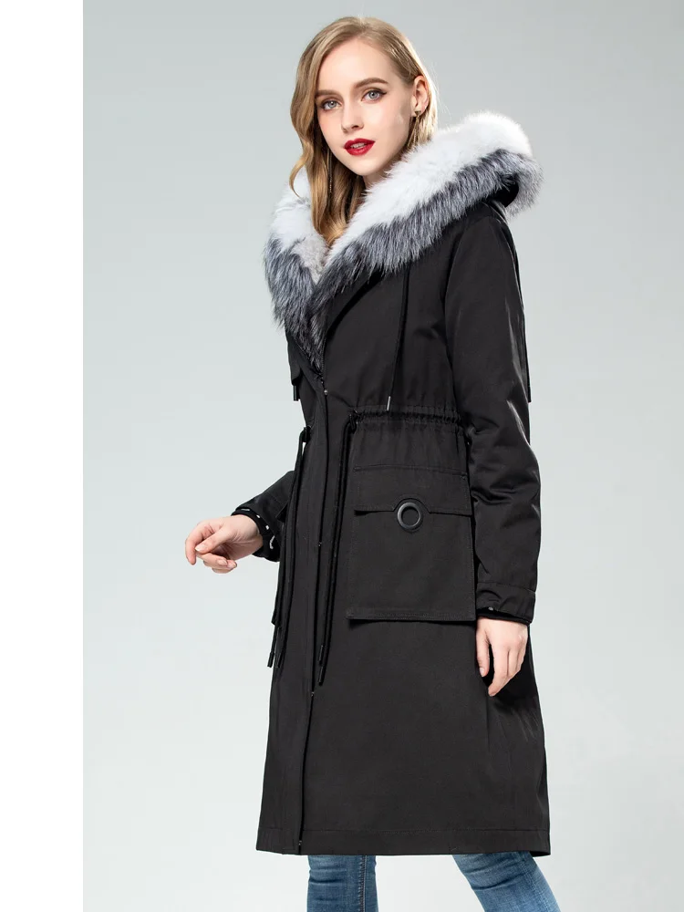 Осенне-зимняя женская куртка с лисьим меховым воротником, теплое пальто, парки, настоящая меховая парка, толстые теплые длинные пальто с подкладкой из кроличьего меха, A219