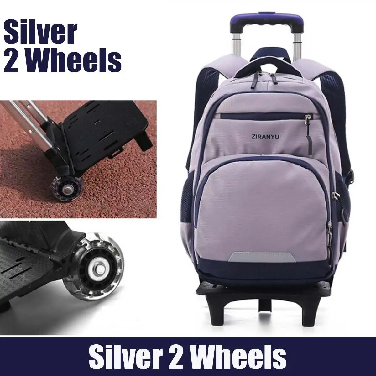 Nylon Removable Men travel Bags for Boys Waterproof Trolley Backpack Teenager 2/6 Wheeled Bag Bookbag Travel Bags Back to school - Color: Silver 2 wheels