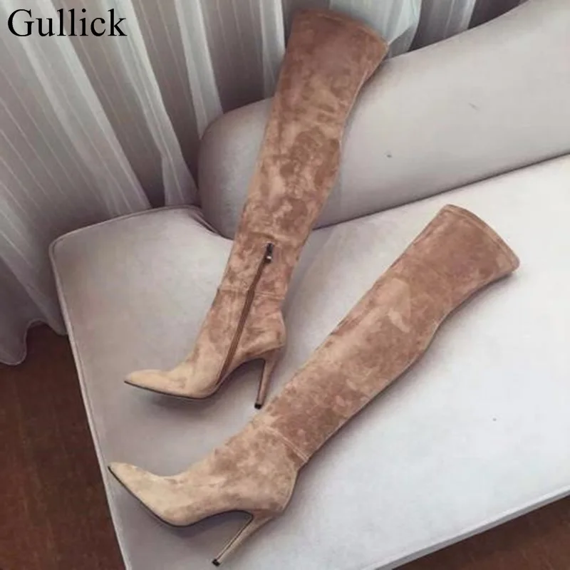 Gullick/женские зимние замшевые сапоги до бедра с острым носком, Сапоги выше колена на высоком каблуке, облегающие высокие сапоги для женщин, большой размер 10