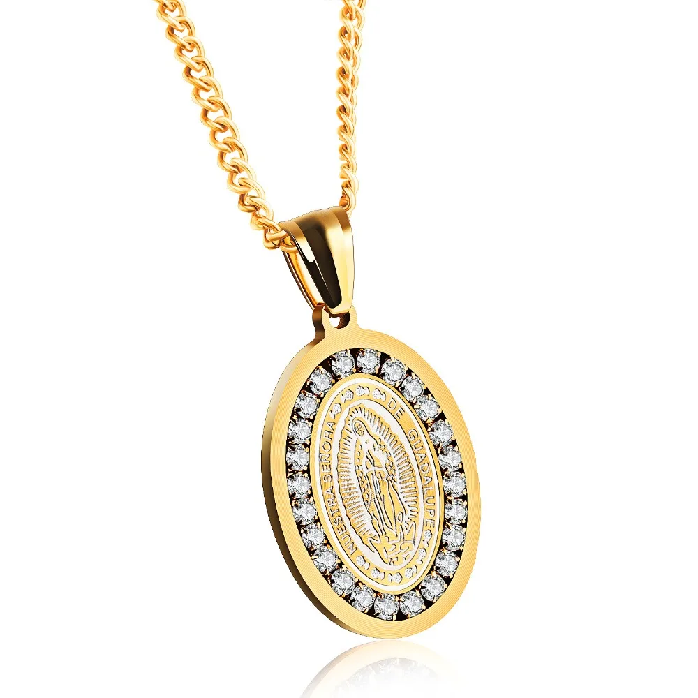 

meidi Virgin Mary Pendant Necklace Stainless Steel Men Christian Jewelry Lady of Guadalupe Miraculous Oval Medal Necklace