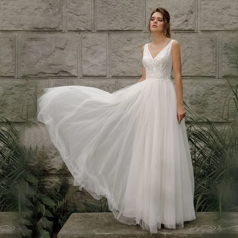 

Eightale Beach Wedding Dress Boho Appliques Lace V-Neckt A-Line Princess Wedding Gown Backless Custom made Sexy Bridal Dresses