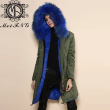 Элегантный корейский синий из искусственного меха внутри на пальто для дам зима плюс размер армии зеленый куртка с мехом енота Стиль унисекс