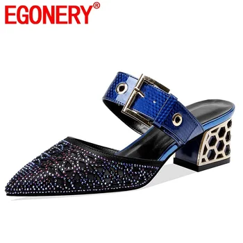 

EGONERY shoes woman 2019 summer new fashion sexy genuine leather pointed toe woman slippers outside high square heels sandals