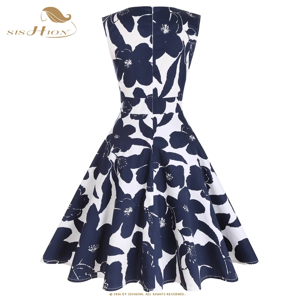 Распродажа SISHION женское винтажное платье без рукавов, женское хлопковое белое и темно-синее платье в стиле рокабилли с цветочным принтом VD0719C