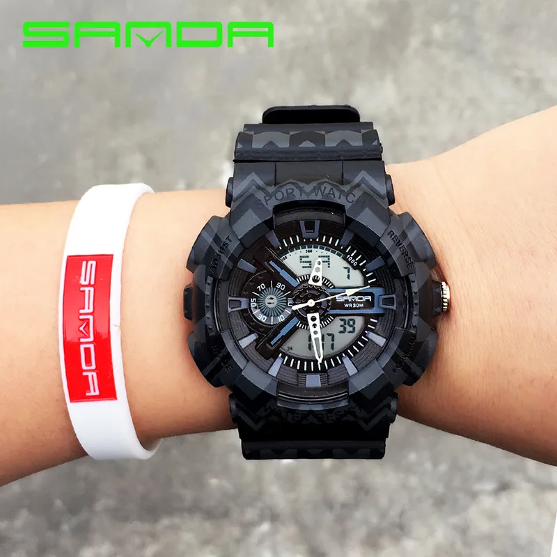 

High Quality SANDA Brand Dual Time Waterproof Backlight Calender Digital LED Men Boy Wrist Watch Clock 999