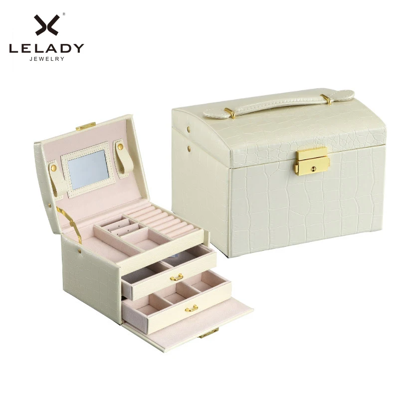 Big Jewelry Box Multifunction Three Layers Large Capacity Leather Storage Jewelry Box with Mirror Watch Jewelry Organizer Box