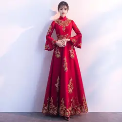 Классический вышивка цветок Для женщин длинное Ципао элегантный тонкий Cheongsam Винтаж Азиатский невесты Свадебная вечеринка платье брак