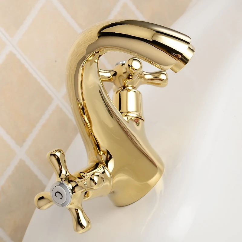 Günstige Bad Wasserhahn Gold Messing Moderne Becken Wasserhahn Mischer Doppel Griff Waschbecken Wasserhahn Deck Montiert Einzelnes Loch Heiße und Kalte Wasser tippen