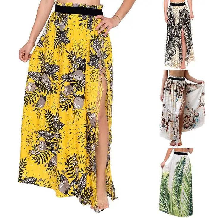 

Women Skirt 2019 Summer Long Bohemian Print Skirt Split Trench Vacation Pleated Skirt Beach Clothes