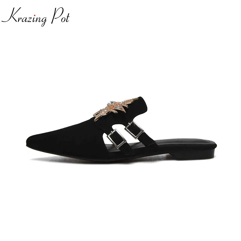 

Krazing pot 2019 big size slip on sheep suede pointed toe concise style metal fastener crystal beauty lady women slippers L3f1