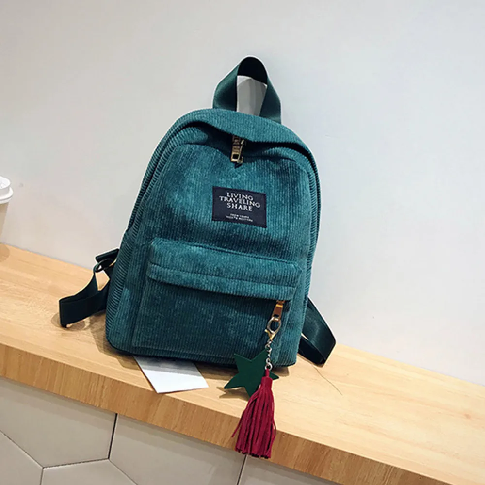  HTNBO Women Backpacks School Soulder Bag With Tassel Corduroy Backpack Female Notebook Bags For Gir - 32957769958