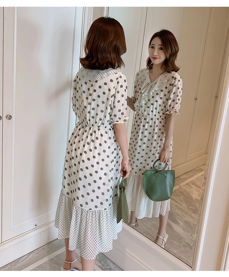 Pregnant Women Summer Chiffon Breastfeeding Dress Short Sleeve Ruffles Collar Empire Dress Maternity Polka Dot Nursing Dress