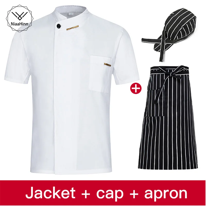 

Chef Jacket Cook Coat Restaurant Kitchen Chef Uniform Short Sleeve Chef Clothes Hotel Bakery Pastry Cafe Overalls+Apron+Hat