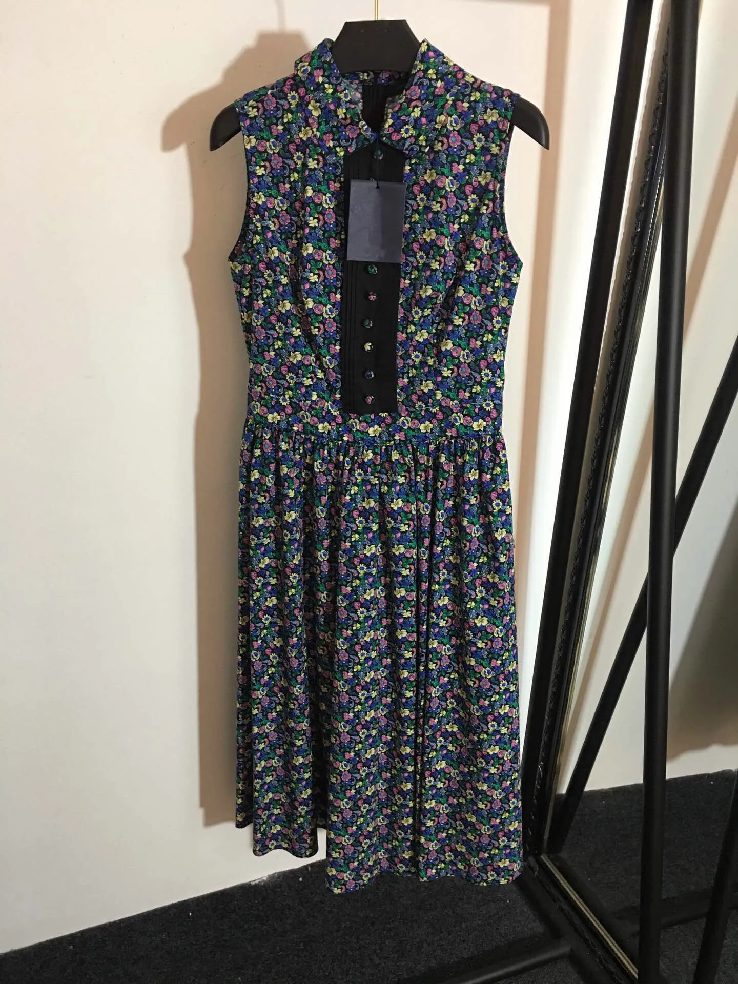 High Quality Brand Pure Cotton Clothes Women Summer Vintage Printed Dress Turn Down Collar Sleeveless Slim A Line Dresses