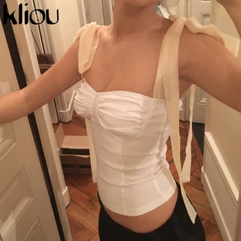 

Kliou girls sexy sweet white crop tops lace up strapless with Underwire women 2018 fashion t-shirts sleeveless casual top tees