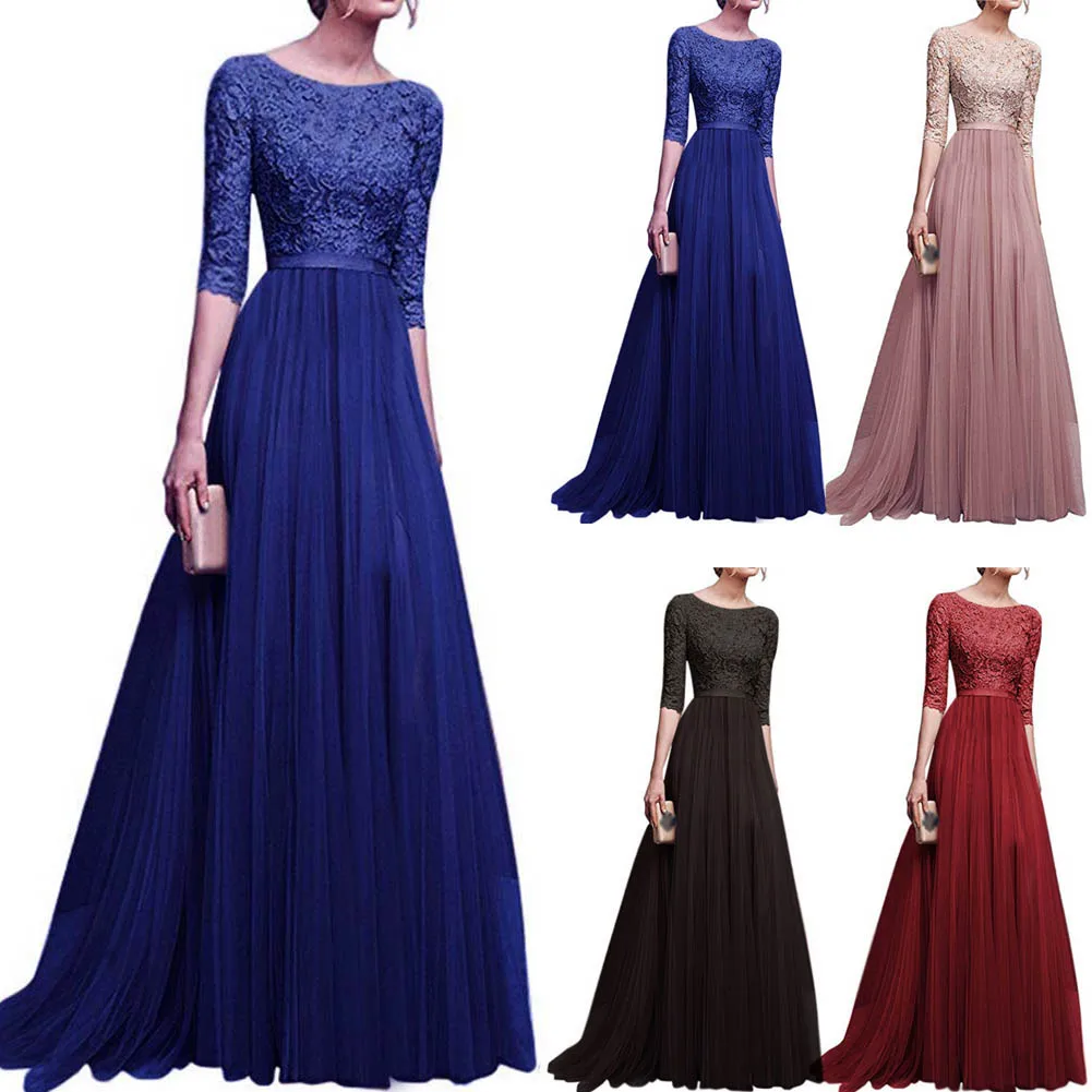 

2019 Fashion Newly Droppshiping Autumn Women Formal Dress Lace Patchwork Chiffon Backless Prom Party Long Dresses S-3XL BFJ55