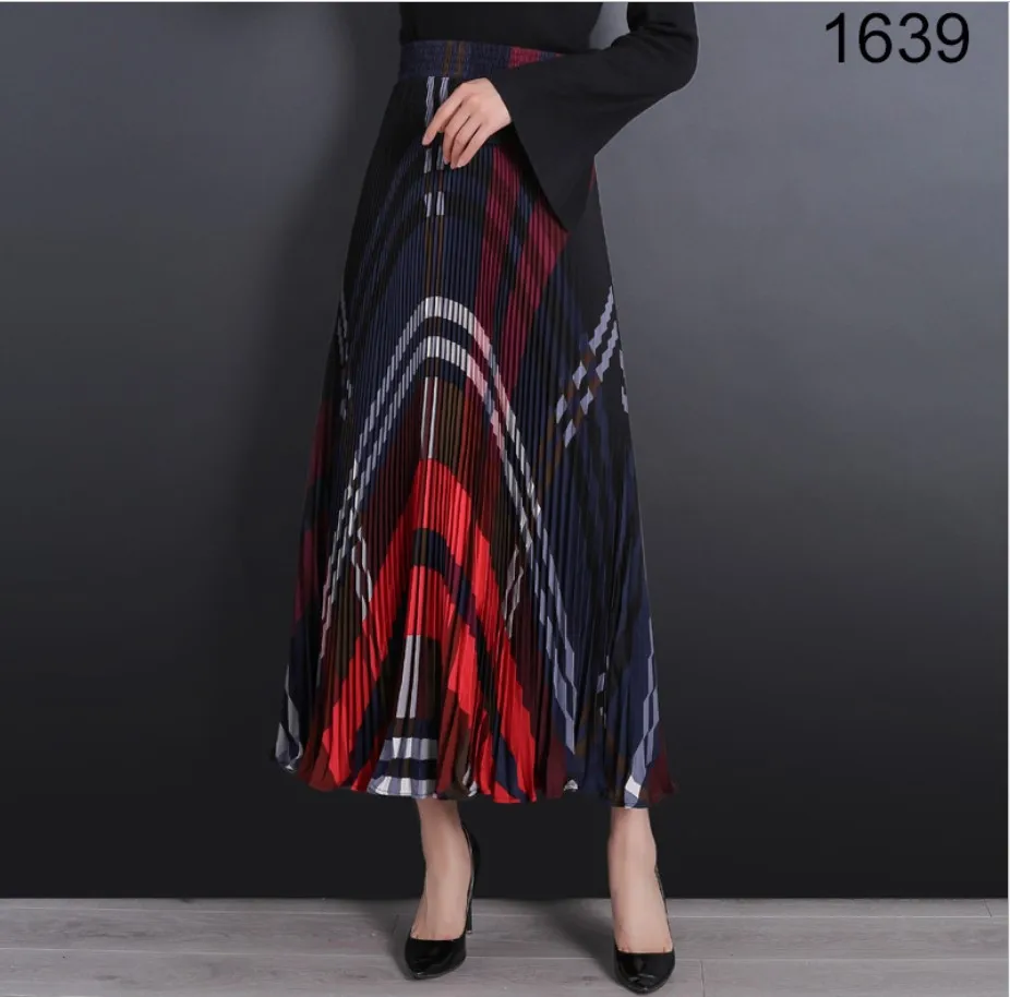 fashion vintage plaid chiffon pleated OL womens skirts summer stretch high wisted elastic waistband skirt women saia saias falda