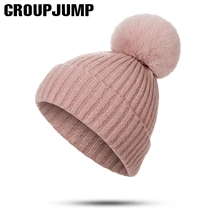 GROUP JUMP модные зимние шляпы Skullies Beanies для женщин зимние шапки с помпонами для девочек женские теплые вязаные шапки толстые шапки