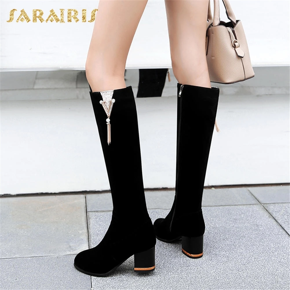 

SARAIRIS 2018 Plus Size 32-45 Brand Design hot sale Shoes Woman riding Boots Square high Heels Knee High Boots Woman Shoes