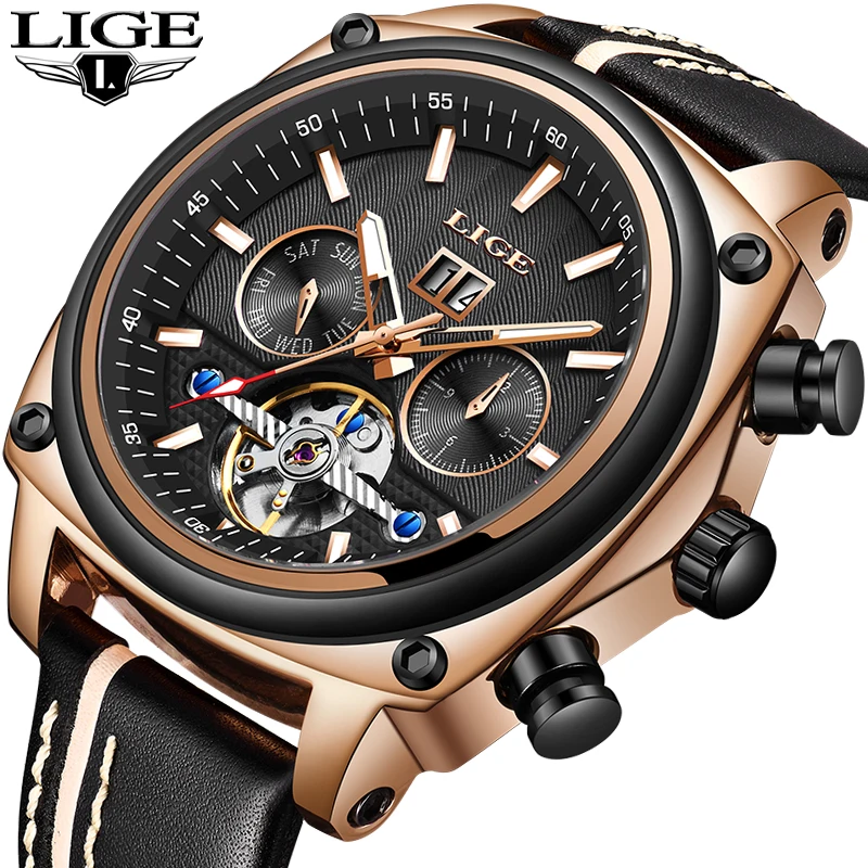 LIGE Мужские часы механические Tourbillon Роскошные модные брендовые кожаные мужские