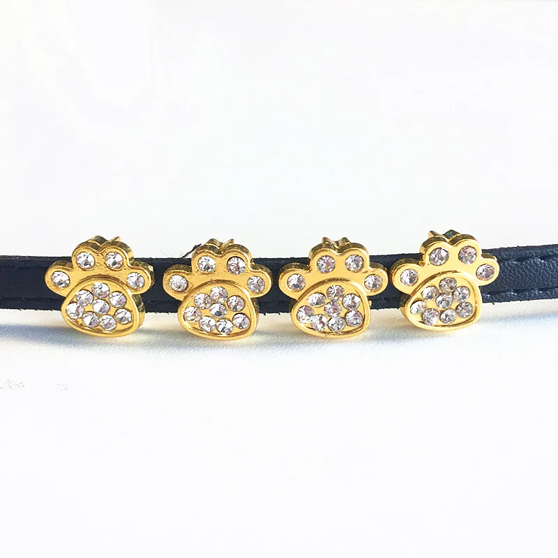 50PCS 8MM Inserted Rhinestone Golden Foot Print Slide Charms DIY