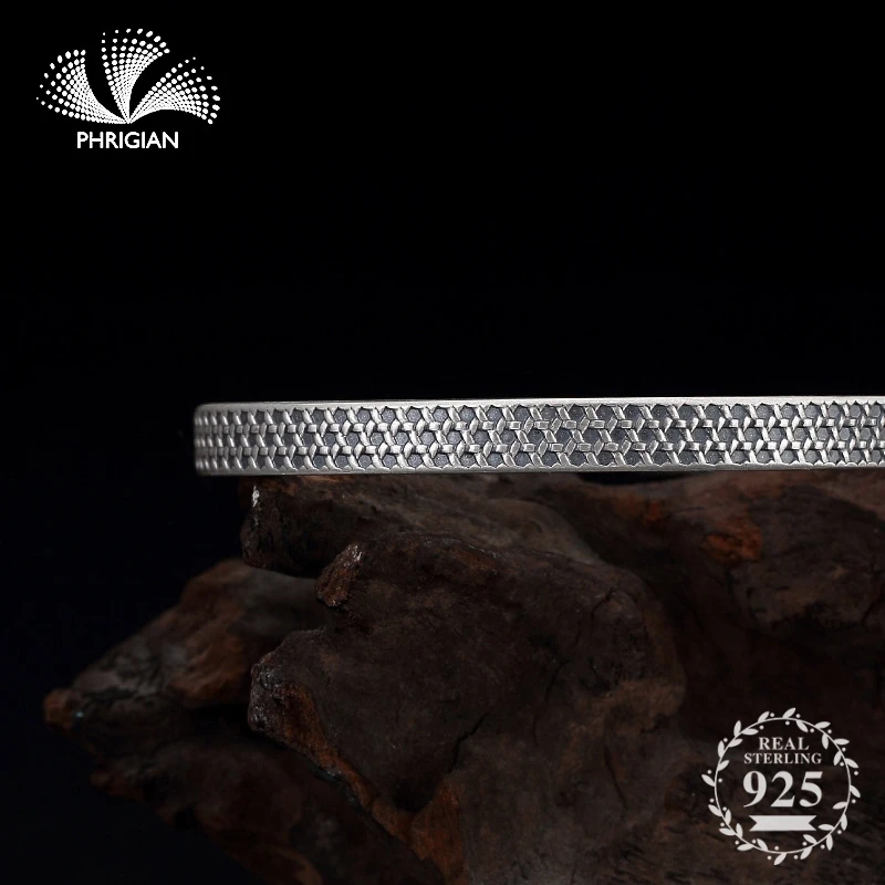 

NOT FAKE S990 Fine Jewelry 925 Sterling Silver Bangle S925 solid unique pattern Handmade Natural flea market jeweler retro 925
