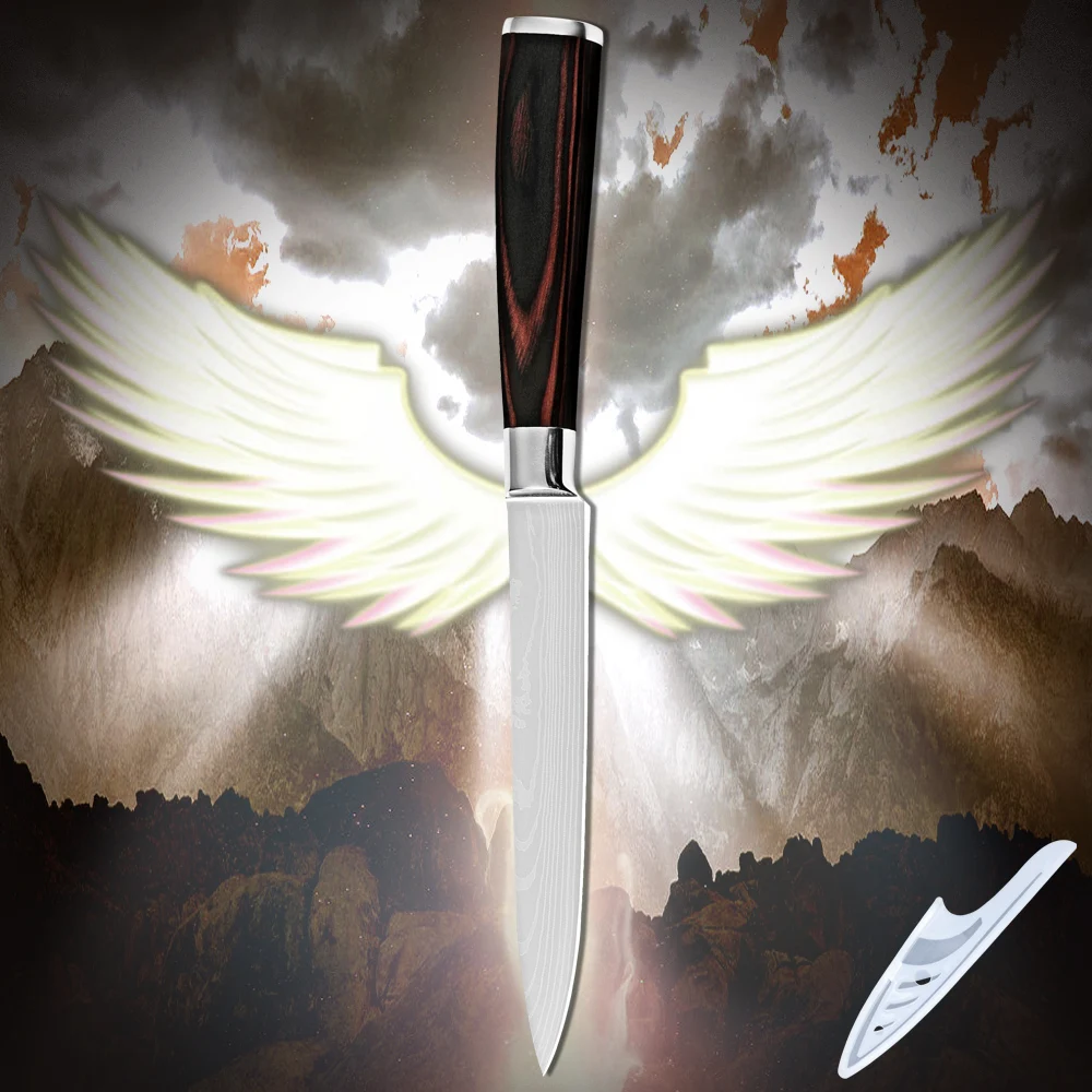 Utility knife 5 inch high quality stainless steel kitchen knife Damascus pattern pakka wood handle top