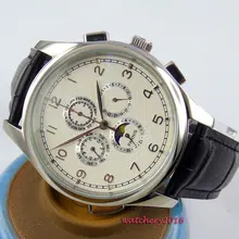 44mm parnis White Dial Moon Phase Date Day Stainless steel case Newest top brand Automatic Self-Wind Movement Men’s Watch