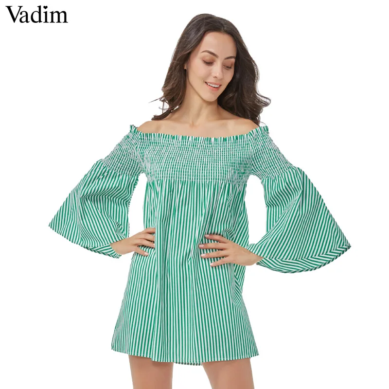 

Vadim women sexy off shoulder striped dress slash neck flare sleeve pleated ladies casual brand mini dresses vestidos QZ3100